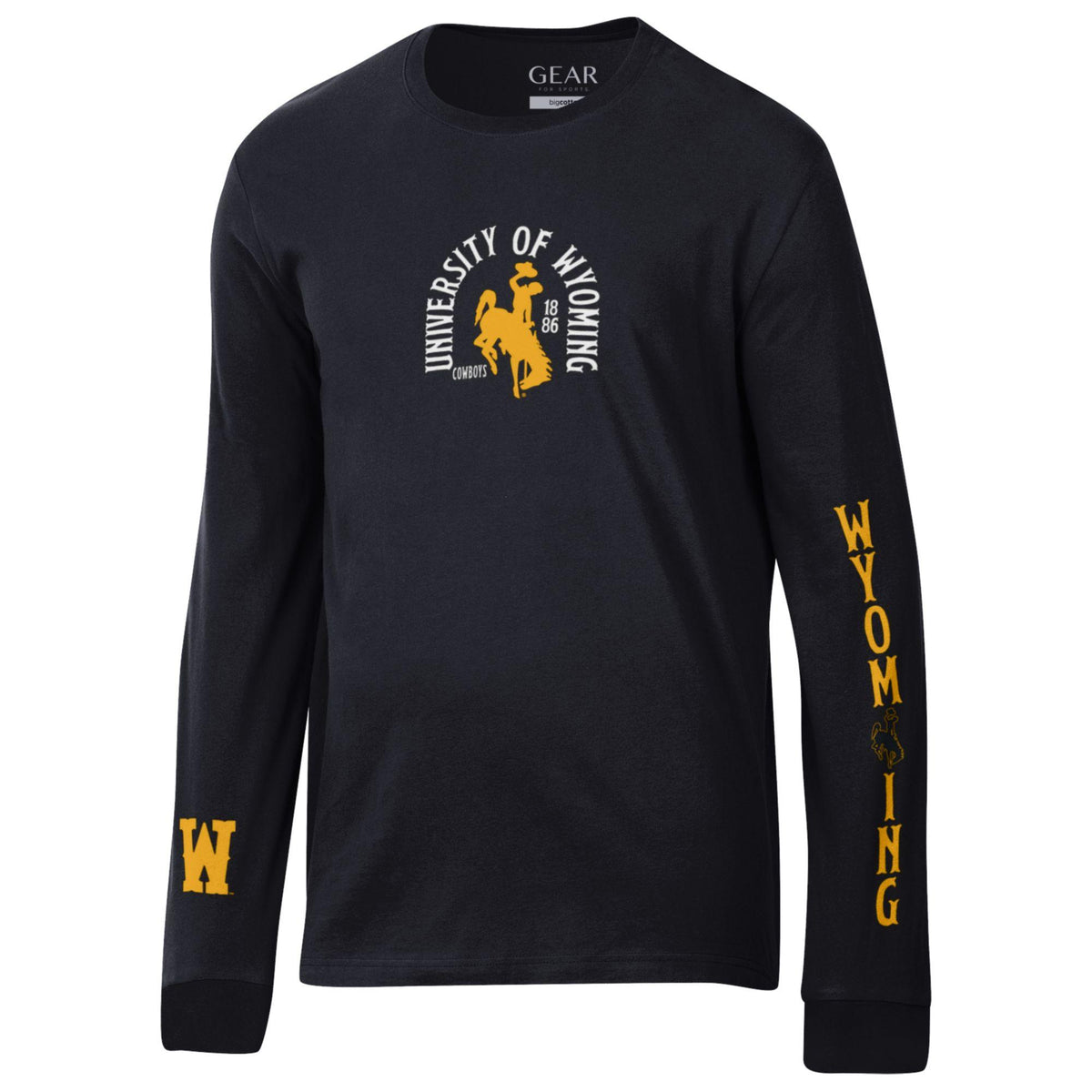 Black long-sleeve shirt with 'University of Wyoming' design and bucking horse on front chest in white and gold with Wyoming on the right sleeve and W on the left