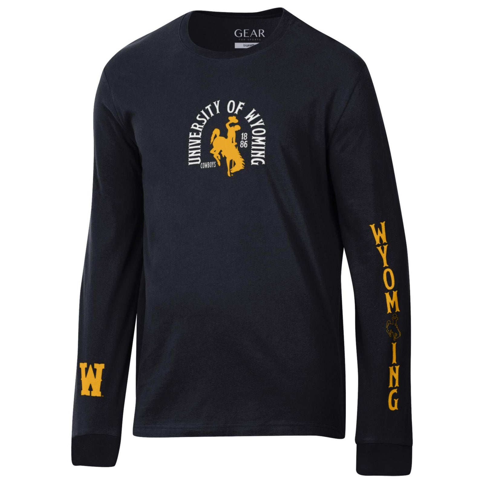 Black long-sleeve shirt with 'University of Wyoming' design and bucking horse on front chest in white and gold with Wyoming on the right sleeve and W on the left