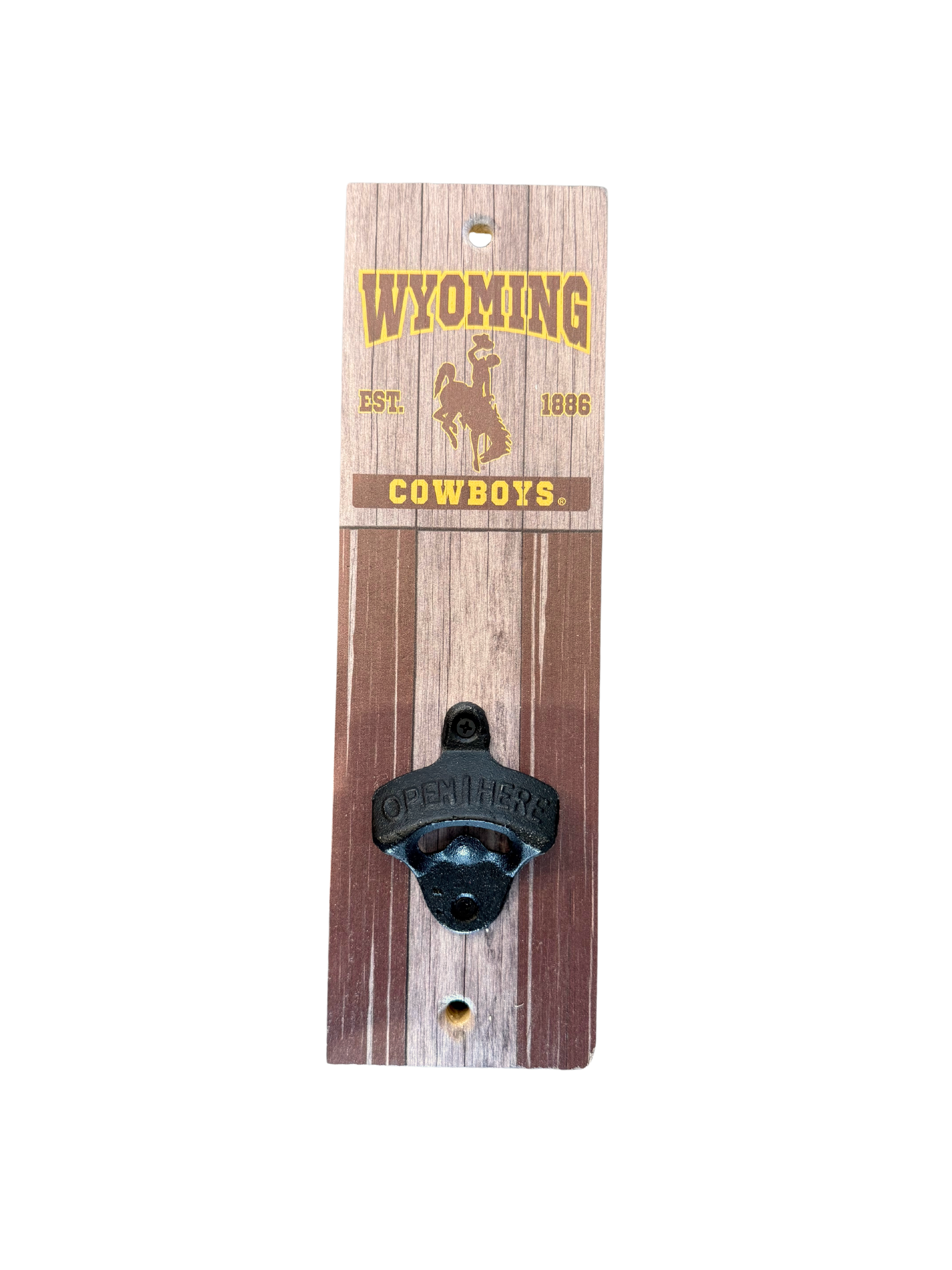 Wooden bottle opener with 'Wyoming Cowboys' branding 