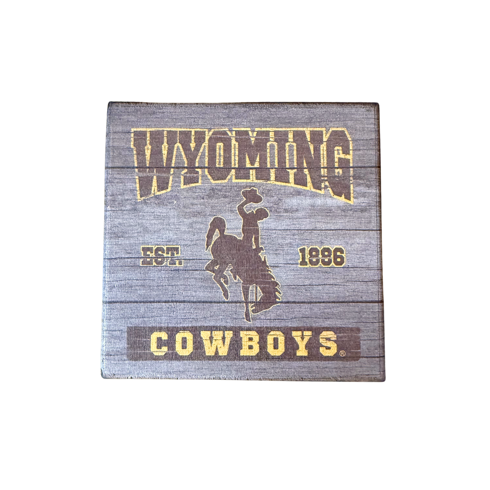 Grey wooden coaster with 'Wyoming Cowboys' text and logo in brown and gold
