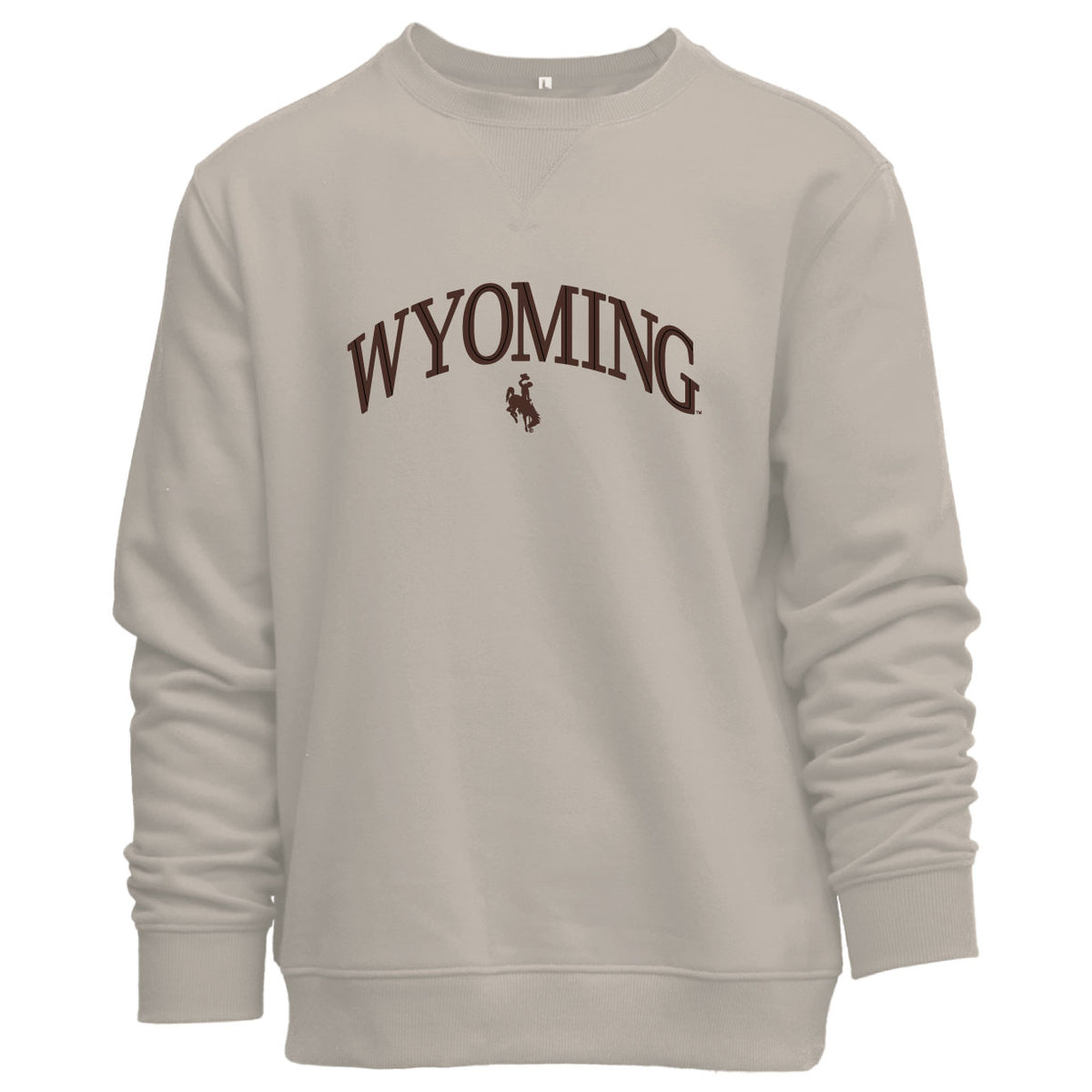 A light beige crewneck sweatshirt featuring the word 'WYOMING' and a bucking horse logo printed in dark brown across the chest, displayed on a solid white background.