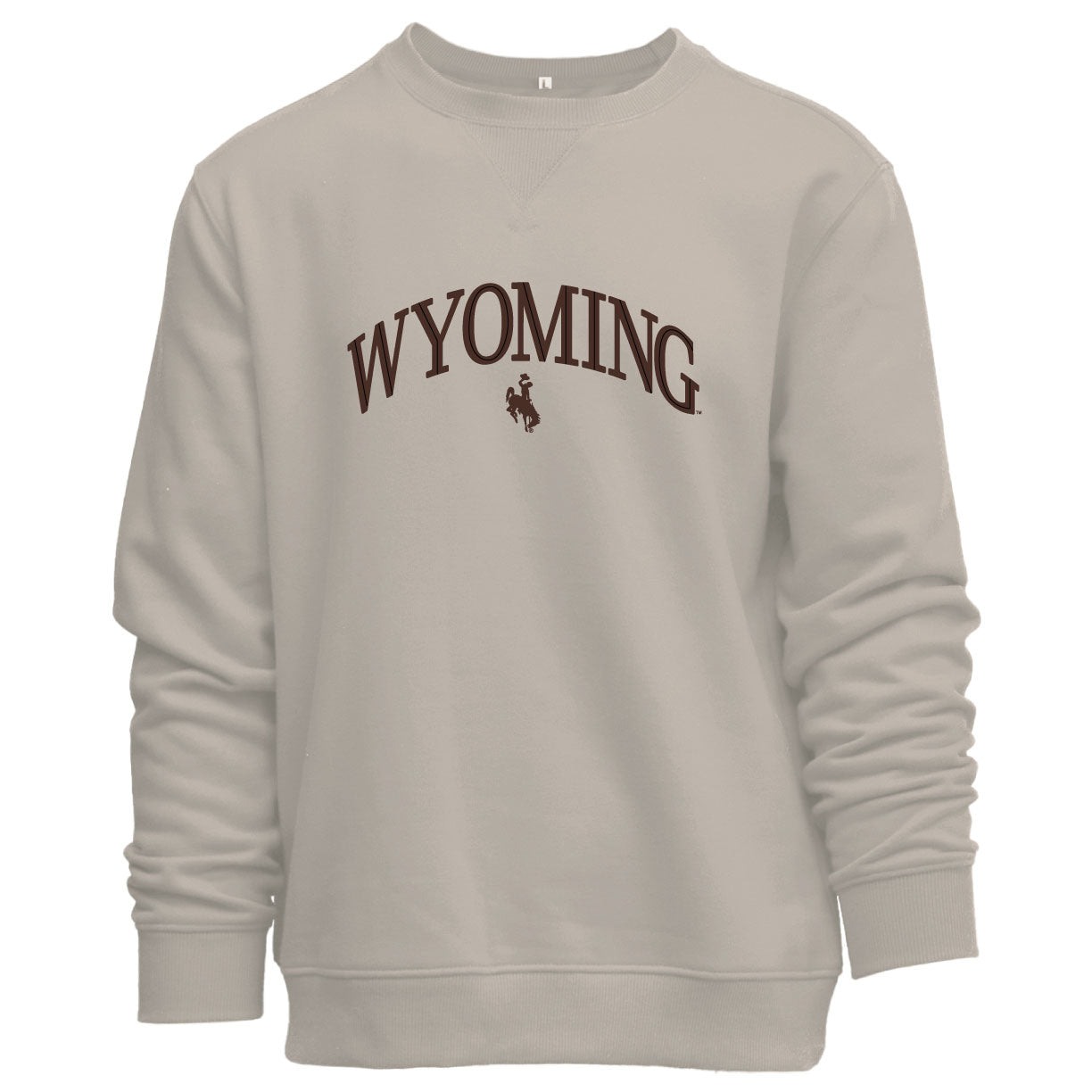 A light beige crewneck sweatshirt featuring the word 'WYOMING' and a bucking horse logo printed in dark brown across the chest, displayed on a solid white background.