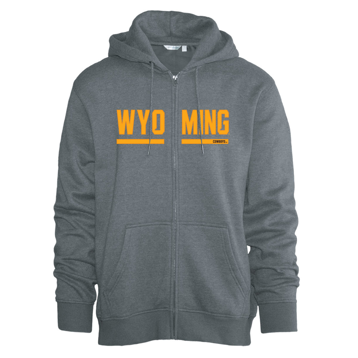 A dark gray zip-up hoodie with 'WYOMING' printed in gold letters across the chest, flanked by two horizontal gold stripes, on a plain white background.