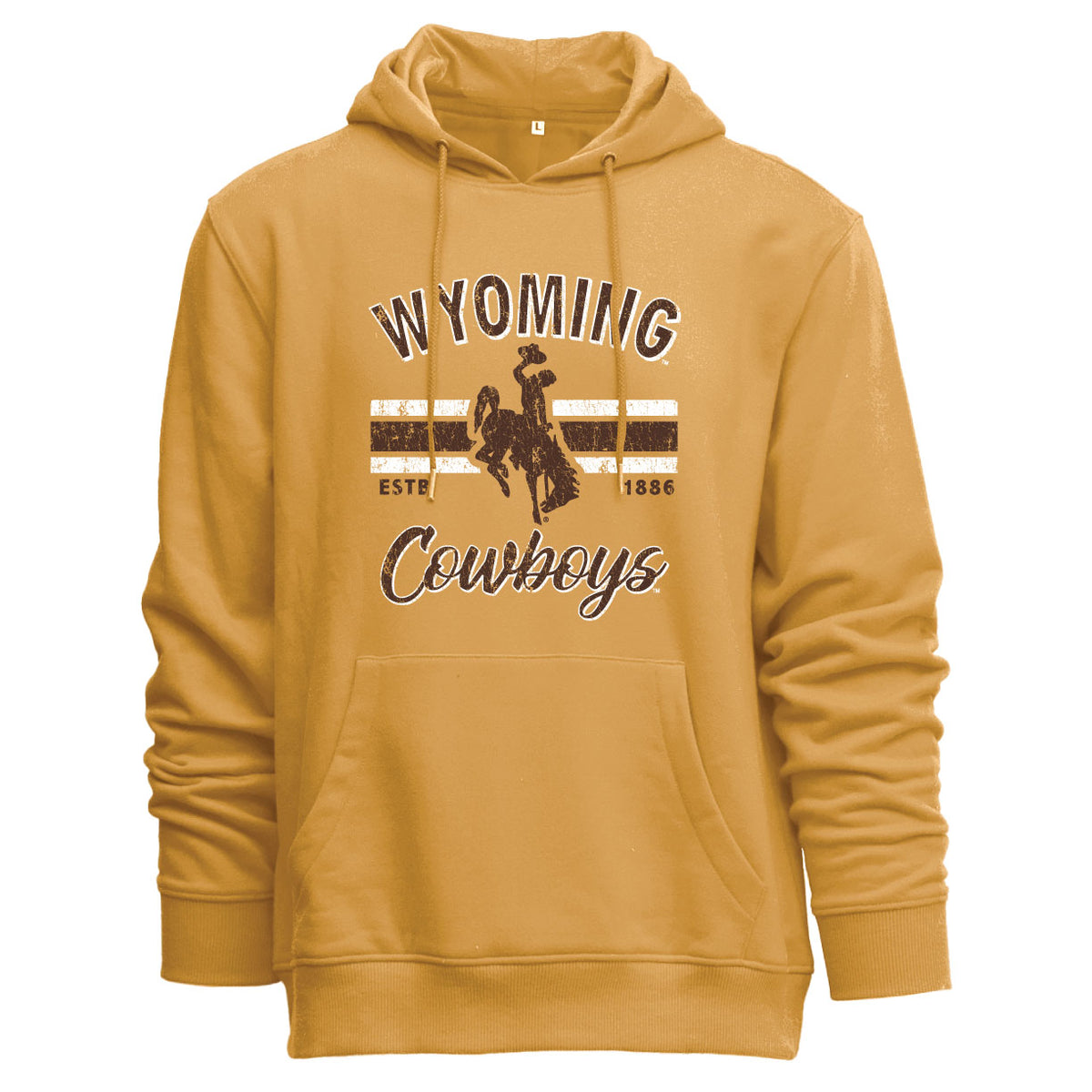 A mustard yellow pullover hoodie featuring a distressed 'Wyoming Cowboys' graphic on the chest with a cowboy silhouette and stripes, shown against a plain white background.