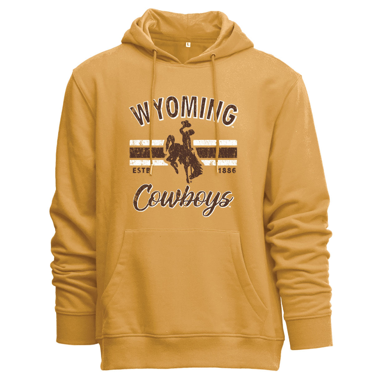 A mustard yellow pullover hoodie featuring a distressed 'Wyoming Cowboys' graphic on the chest with a cowboy silhouette and stripes, shown against a plain white background.