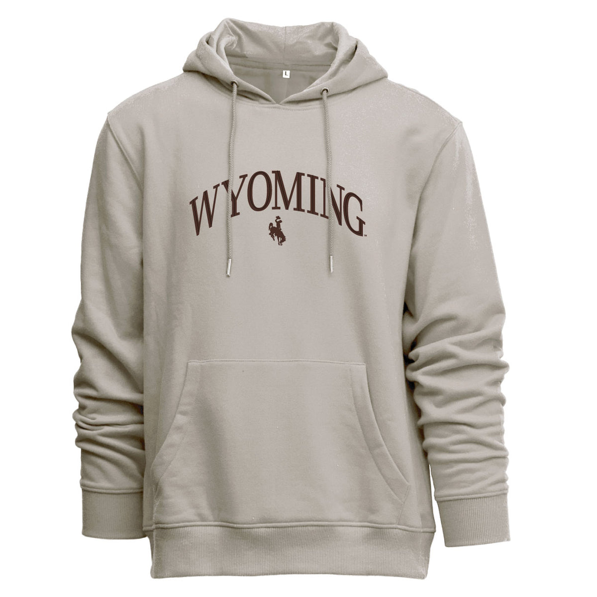 A light beige pullover hoodie with 'WYOMING' and a bucking horse logo printed in dark brown across the chest, displayed on a clean white background.
