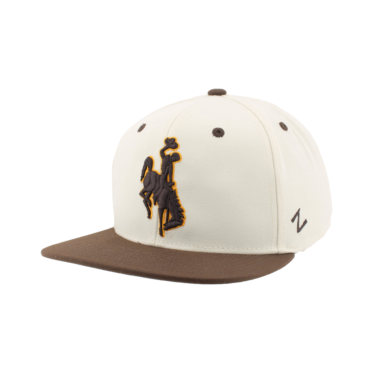 Cream adjustable hat with brown brim. Has embroidered bucking horse centered on front.