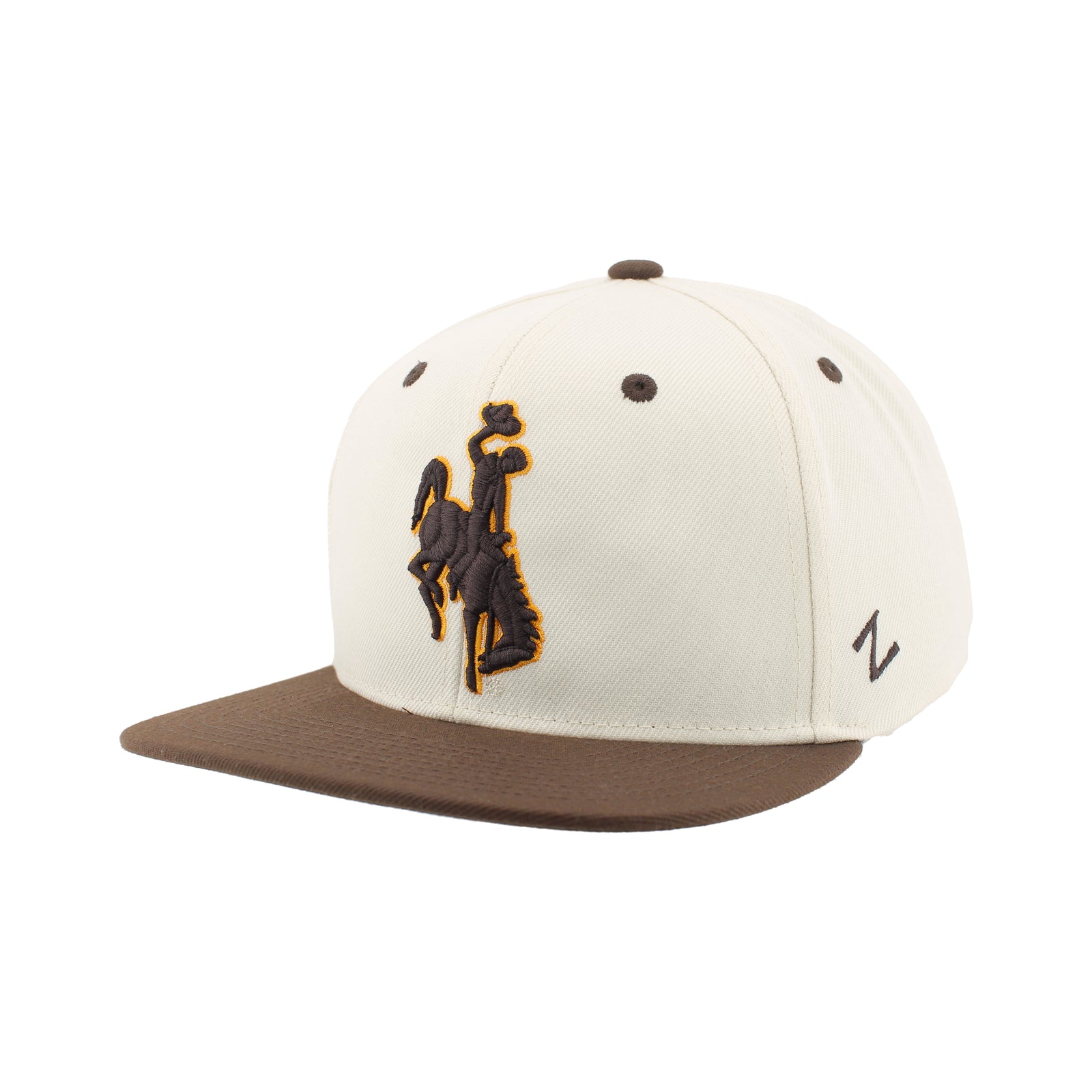 Cream adjustable hat with brown brim. Has embroidered bucking horse centered on front.