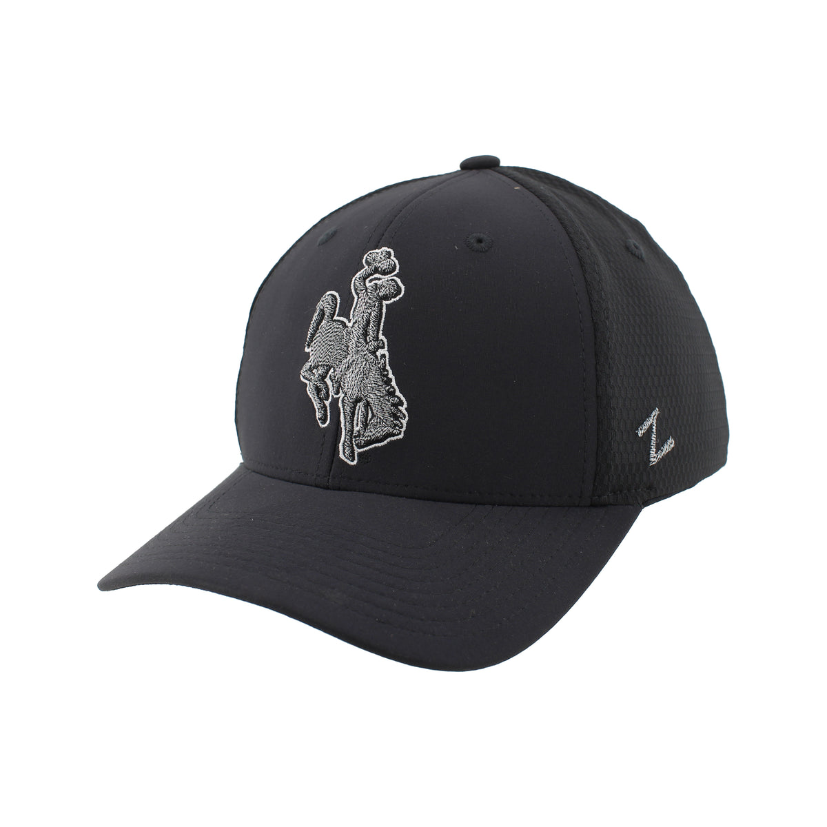 Black FlexFit hat with grey bucking horse embroidered on front panel.