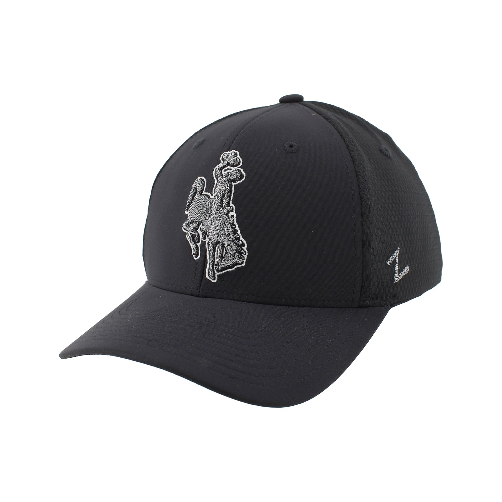 Black FlexFit hat with grey bucking horse embroidered on front panel.
