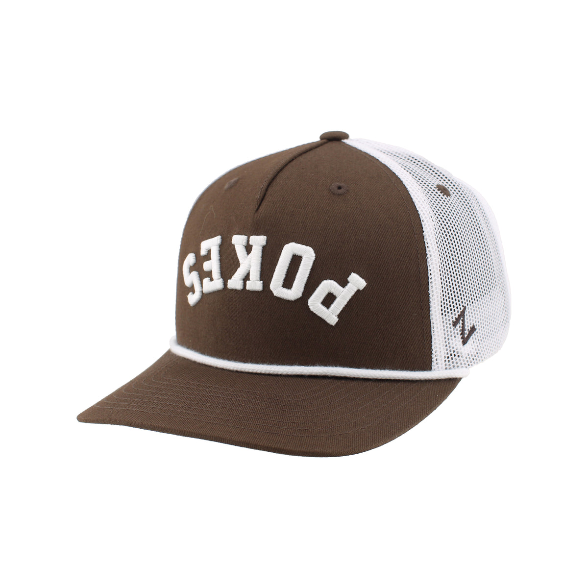 Brown adjustable hat with upside down pokes embroidered on front panel in white. Has white mesh backing and white rope on brim.