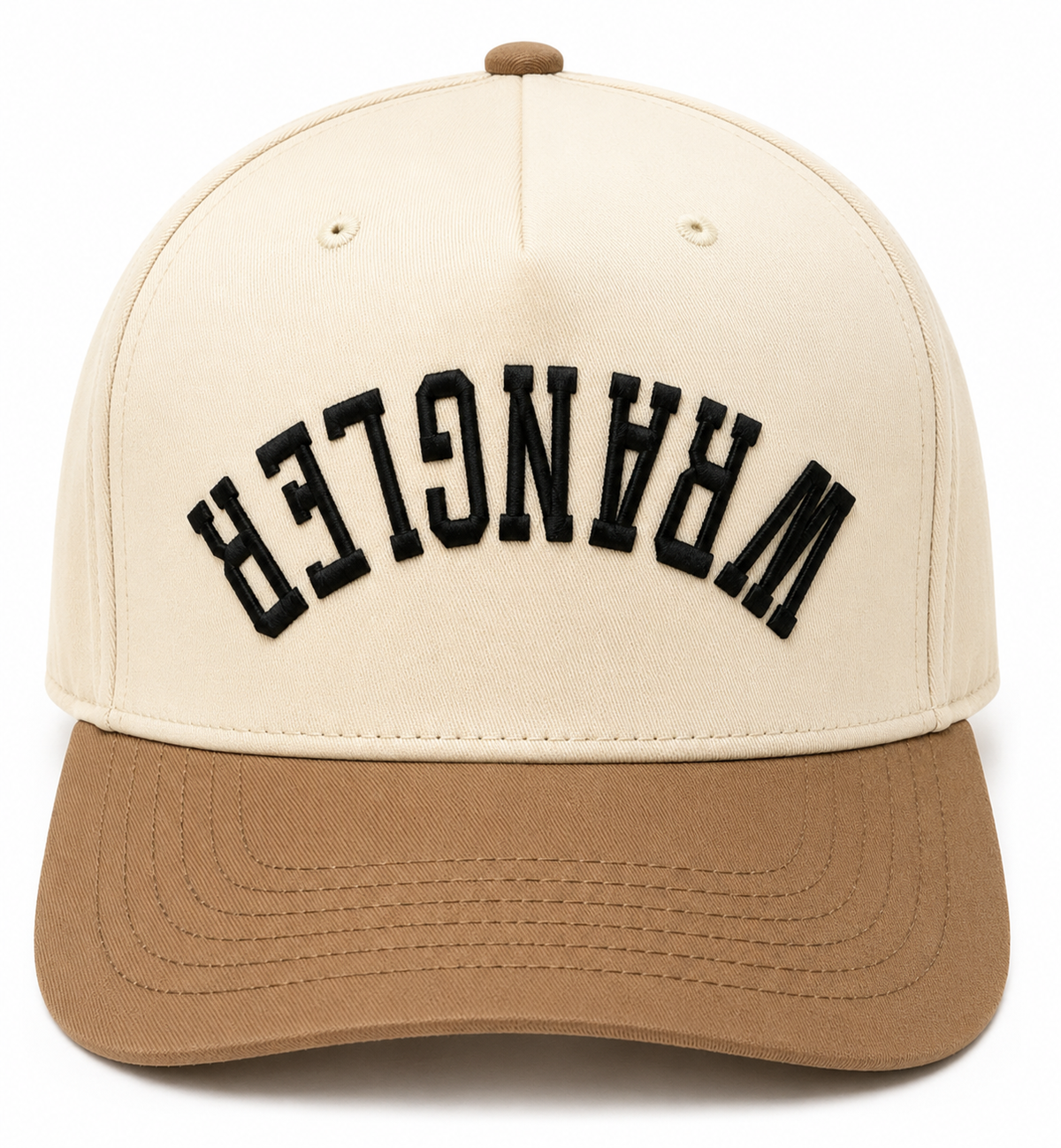 Cream and Brown Adjustable Hat with black upside down "Wrangler" Lettering on the front. Pictured on a white background.