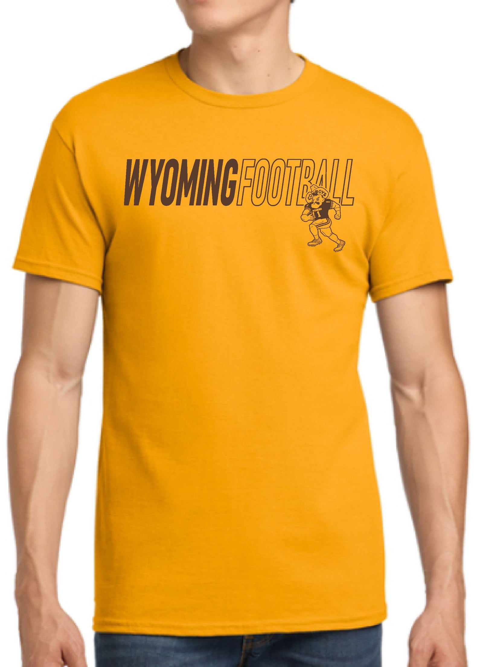 A man wearing a bright yellow t-shirt with 'WYOMING FOOTBALL' printed across the chest in black and brown, alongside a football player graphic.