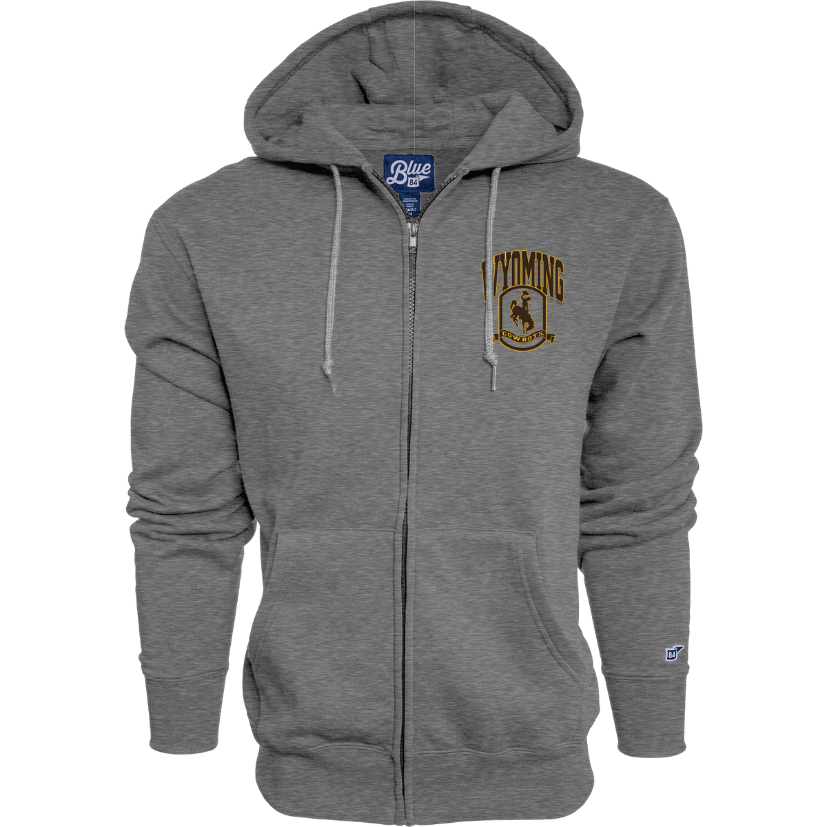 Grey full zip hooded jacket with wyoming cowboys logo on left chest in brown and gold. All pictured on a white background.