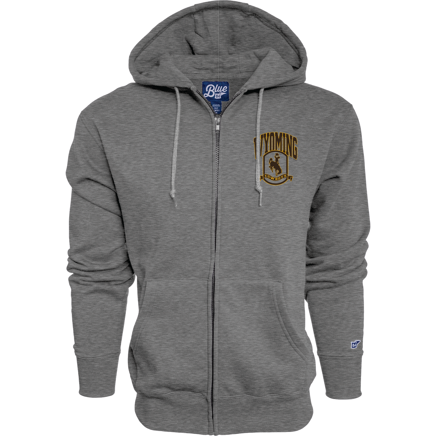 Grey full zip hooded jacket with wyoming cowboys logo on left chest in brown and gold. All pictured on a white background.