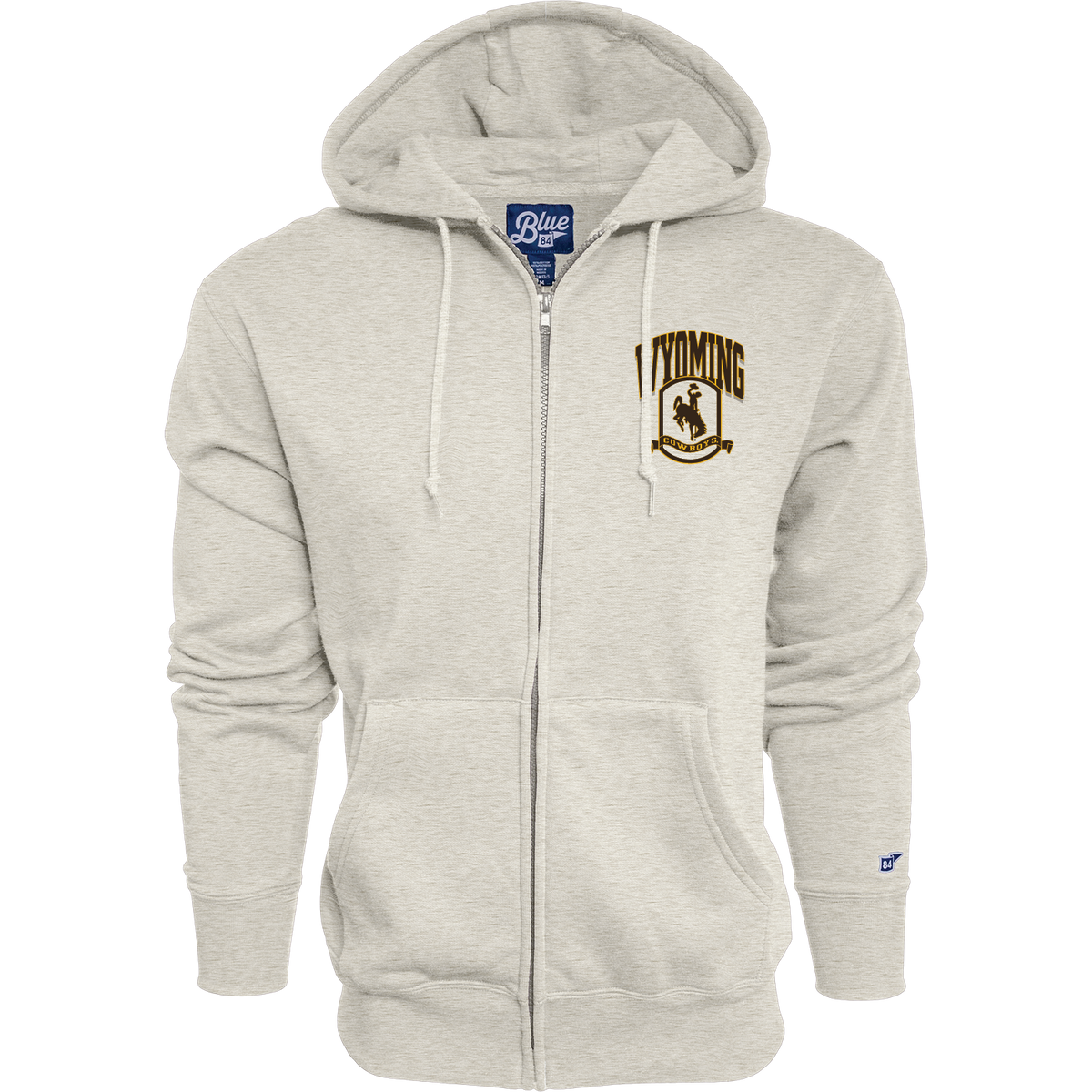 Oatmeal full zip jacket with wyoming cowboys design and bucking horse logo on left chest. All pictured on a white background.
