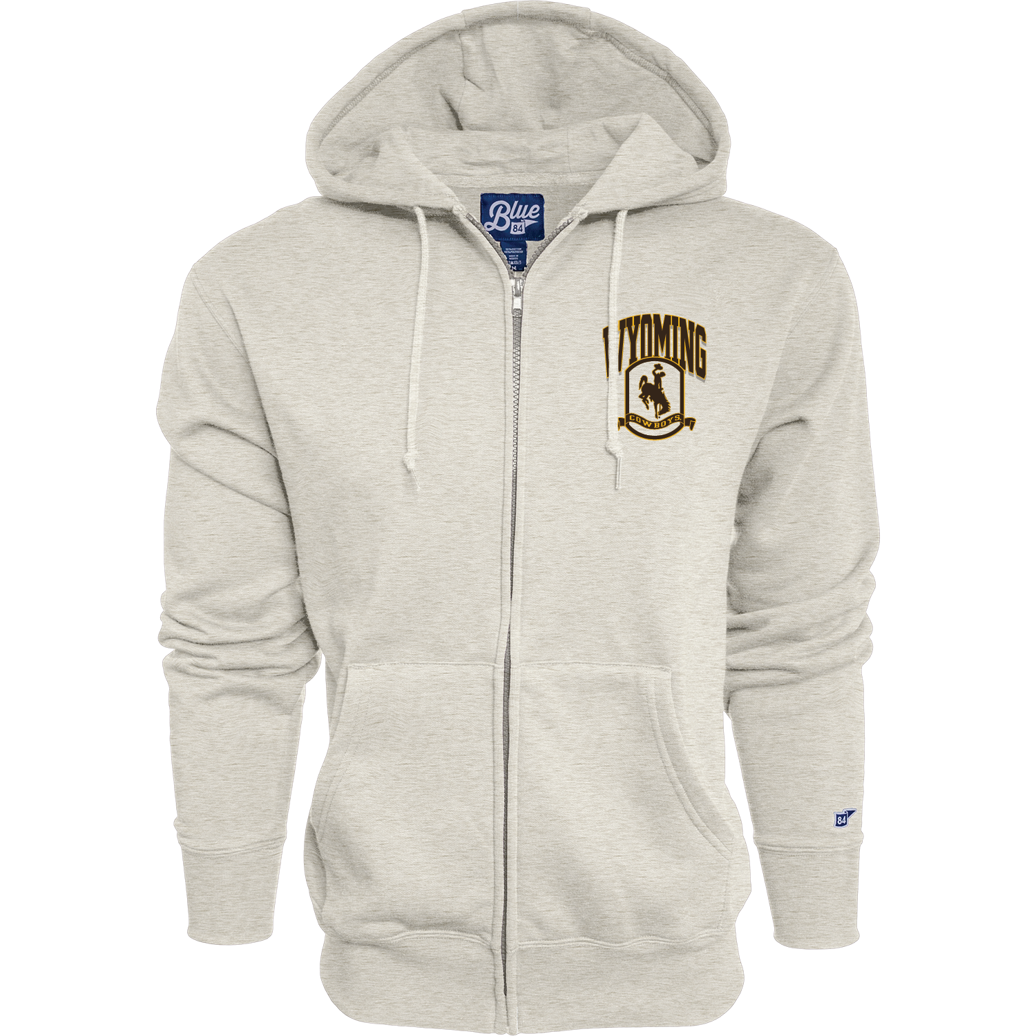 Oatmeal full zip jacket with wyoming cowboys design and bucking horse logo on left chest. All pictured on a white background.