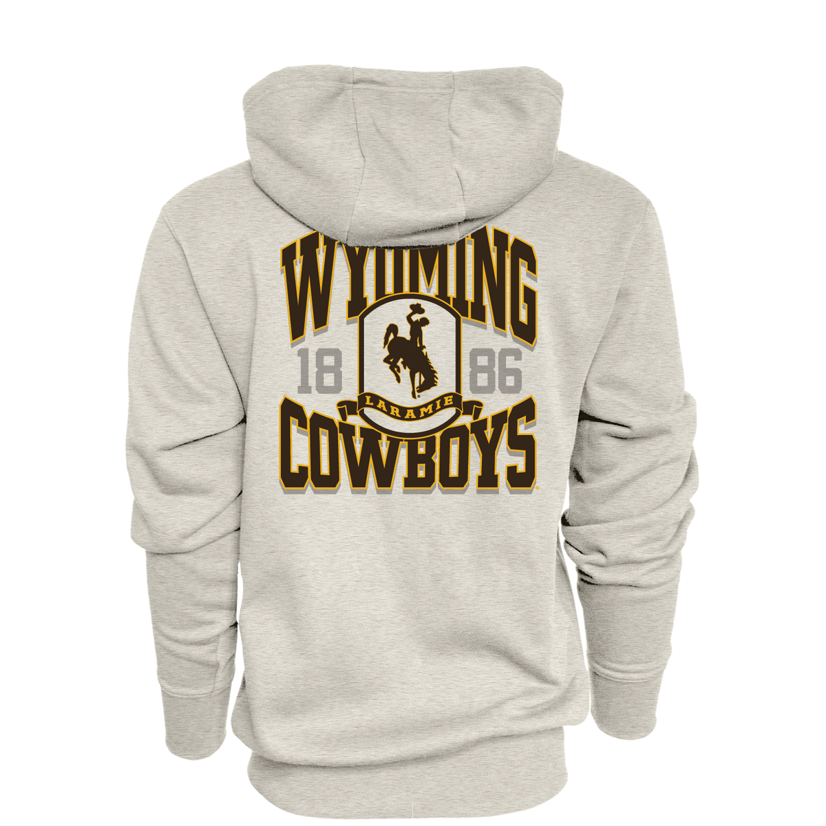 A oatmeal full zip hoodie shown from the back, featuring a large graphic print for 'Wyoming Cowboys' in brown and gold with a cowboy riding a bucking horse.