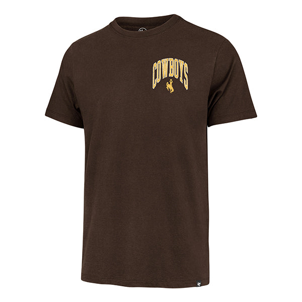 Brown short sleeve tee with gold "Cowboys" and bucking horse logo below all on the left chest in gold and white.