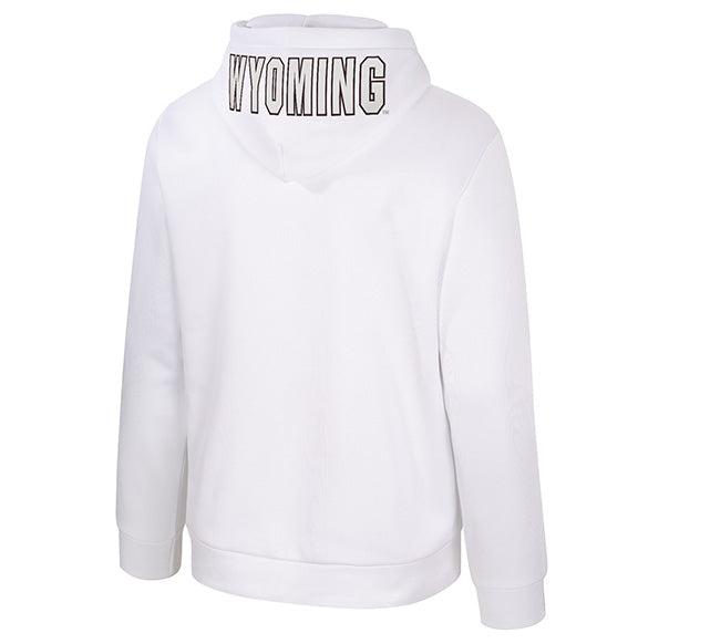 A white pullover hoodie shown from the back, featuring the word 'WYOMING' printed in black outline block letters across the hood.