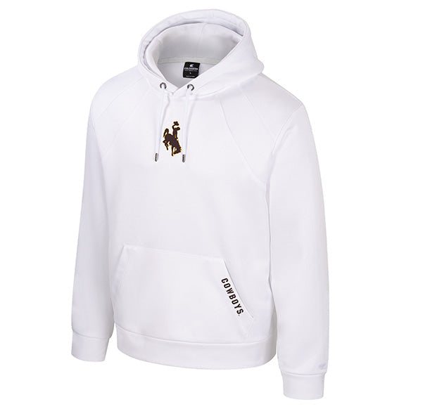 A white pullover hoodie with a brown bucking horse logo on the chest, and 'cowboys' on the pocket displayed on a clean white background.