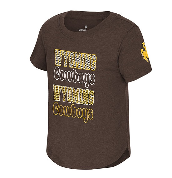 A dark brown short-sleeve t-shirt featuring 'WYOMING COWBOYS' printed on the front in white and yellow patterned lettering, with a yellow cowboy logo on the right sleeve.
