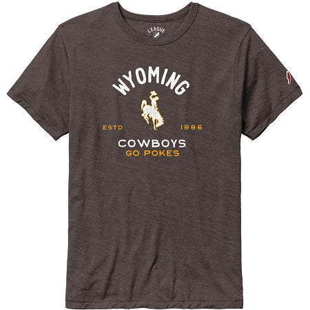 brown short sleeve tee with design center chest. design is 'wyoming' with bucking horse logo below and 'go pokes' at bottom.