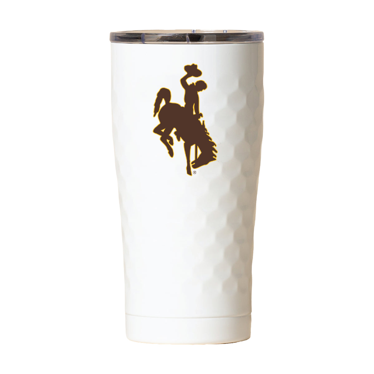 White tumbler with a brown bucking horse logo on side. Has golf ball like demples.