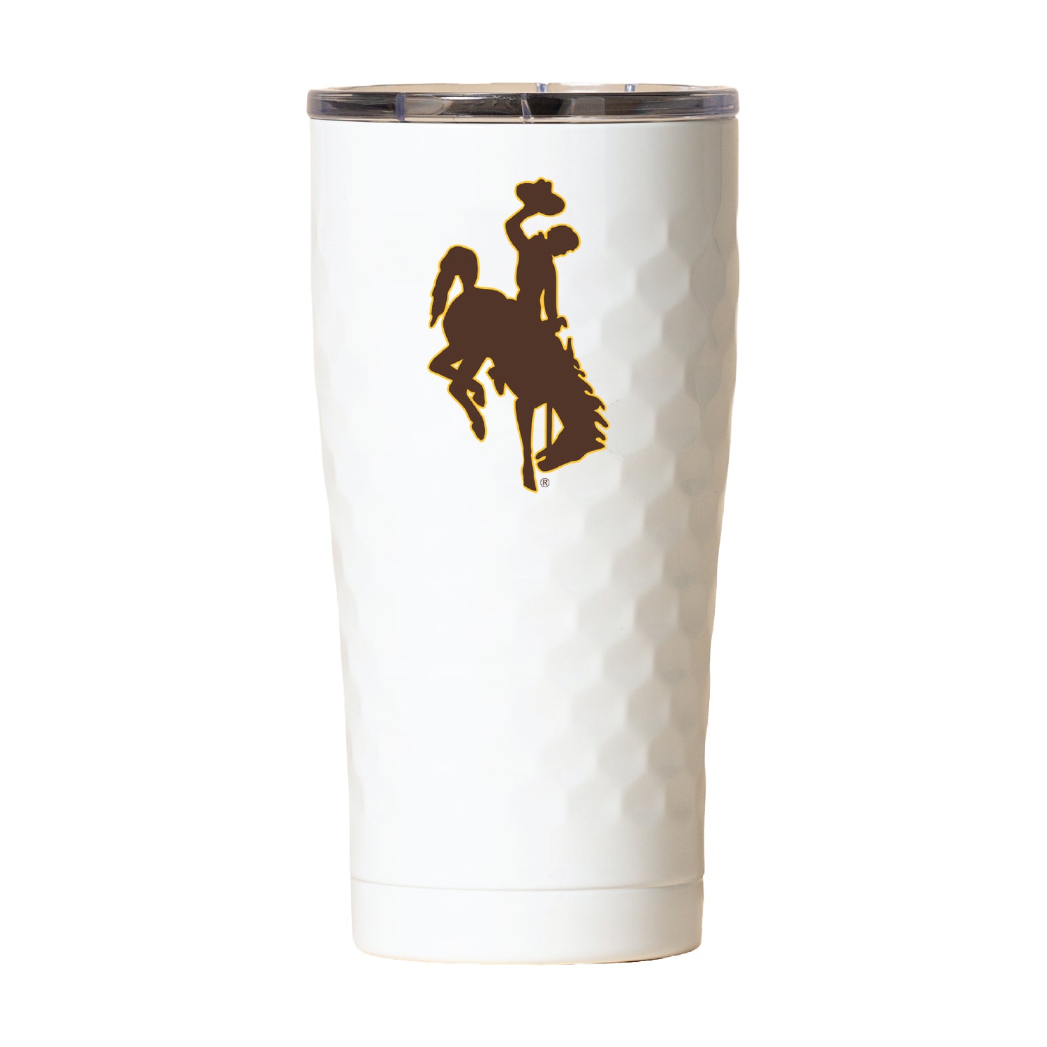 White tumbler with a brown bucking horse logo on side. Has golf ball like demples.