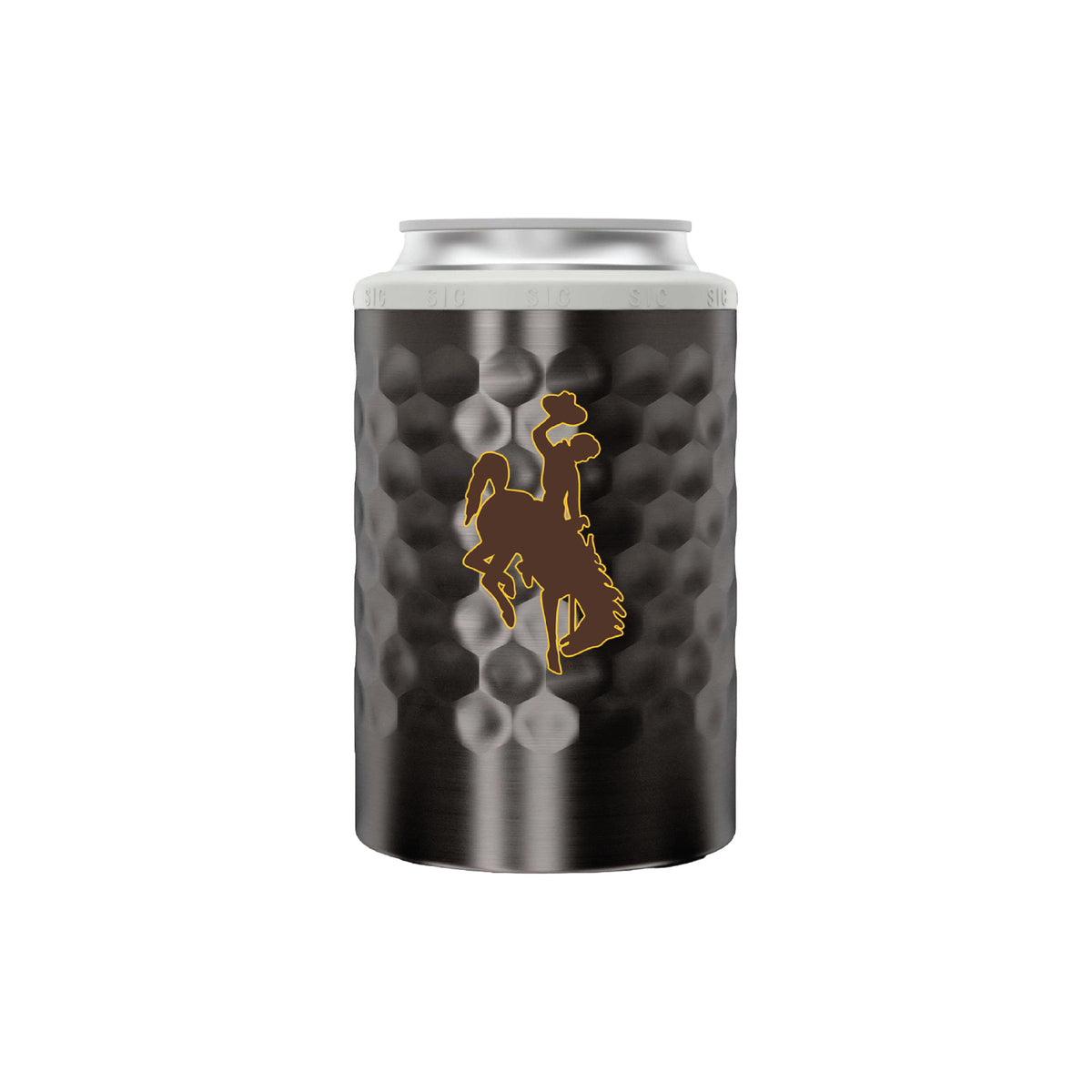 Metal can cooler with a textured surface like a golf ball and bucking horse logo on the side all on a white background