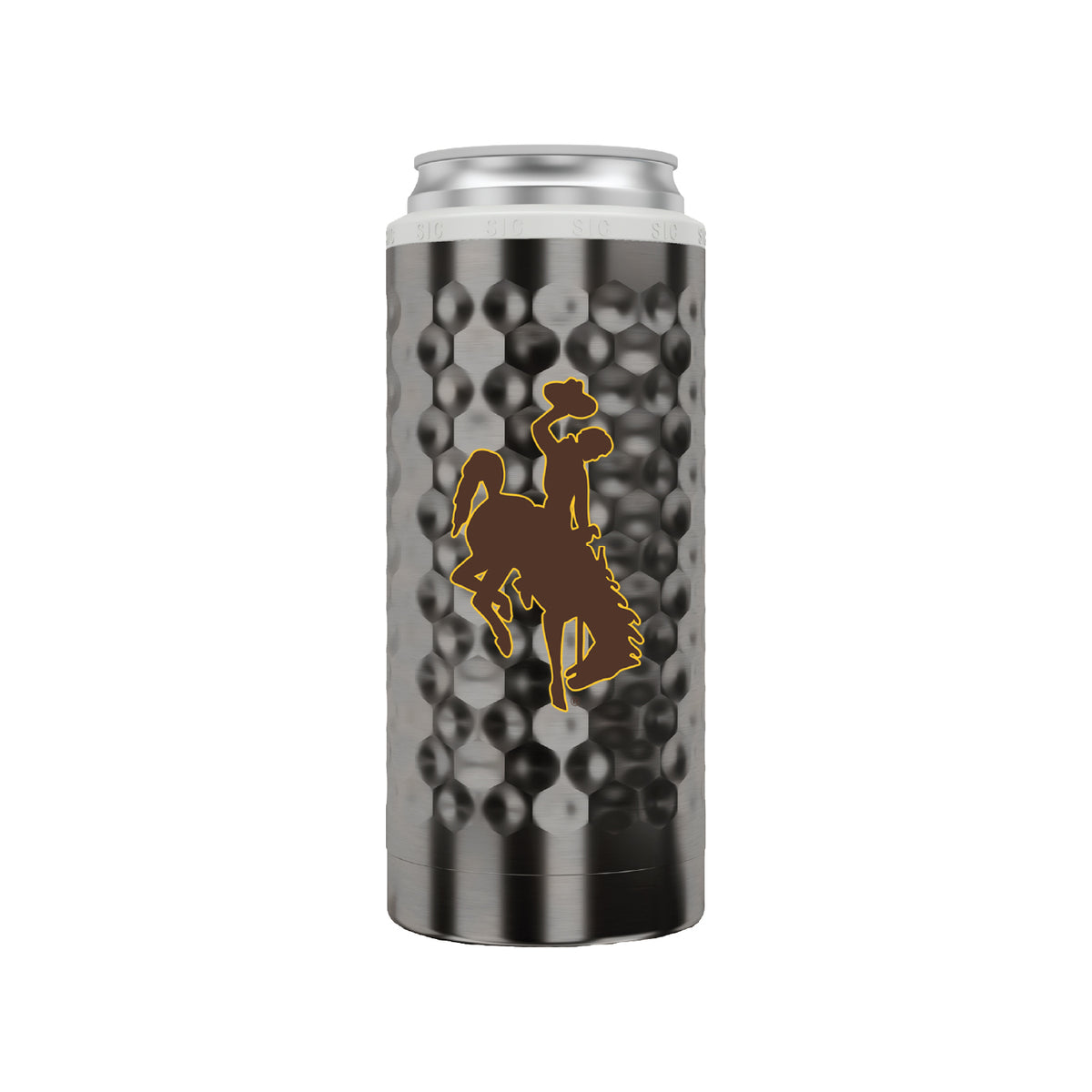 Black Metal slim can cooler with texture like a golf ball. Has a brown bucking horse on side