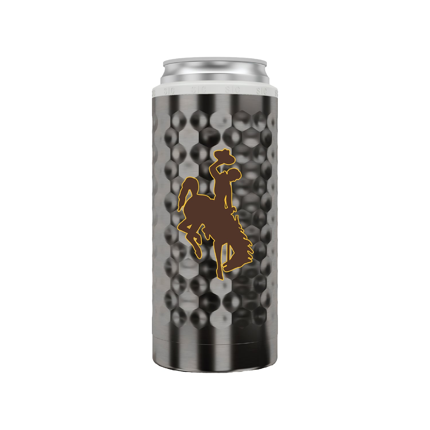 Black Metal slim can cooler with texture like a golf ball. Has a brown bucking horse on side