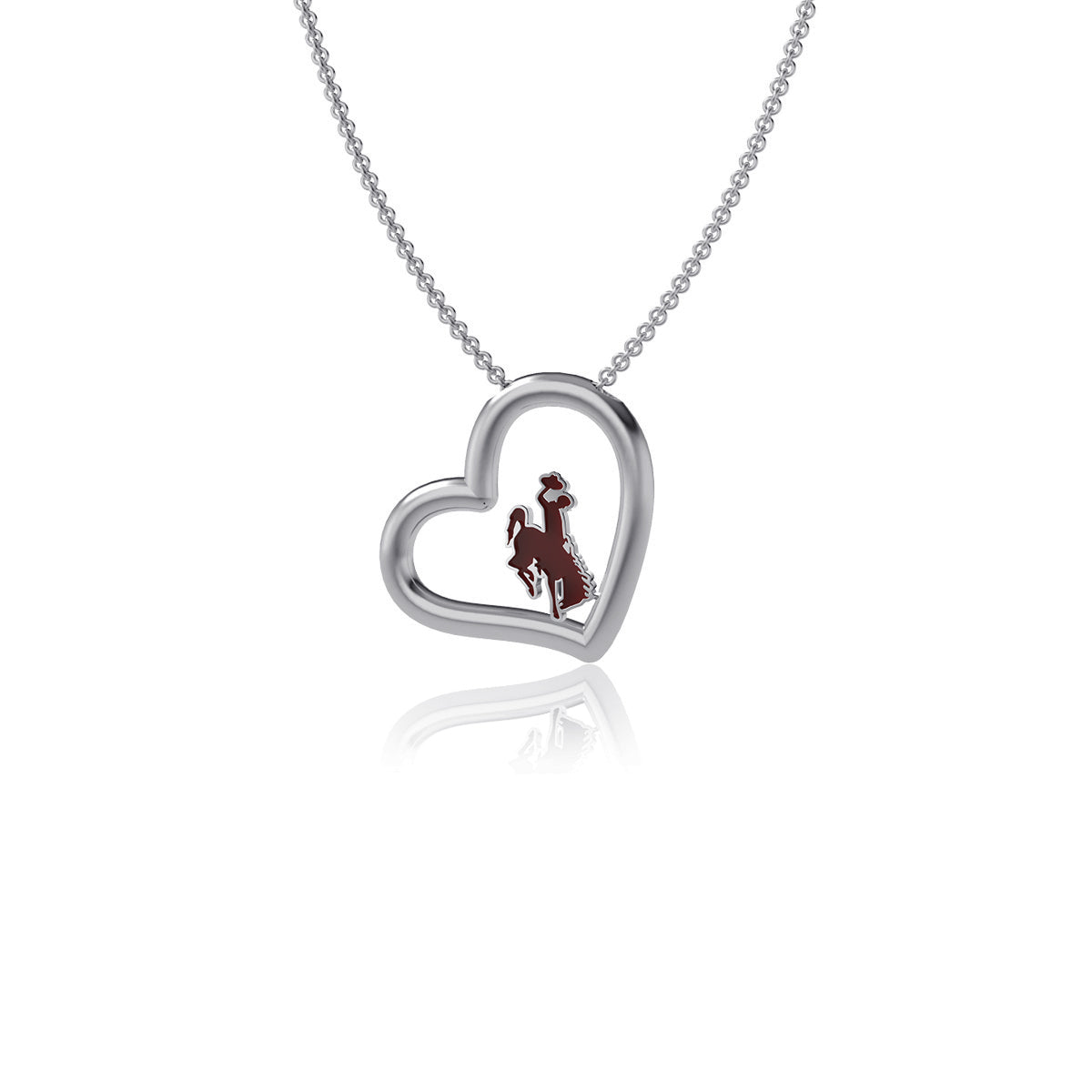 silver heart necklace with bucking horse in the center. has brown enamel filled in center of horse.
