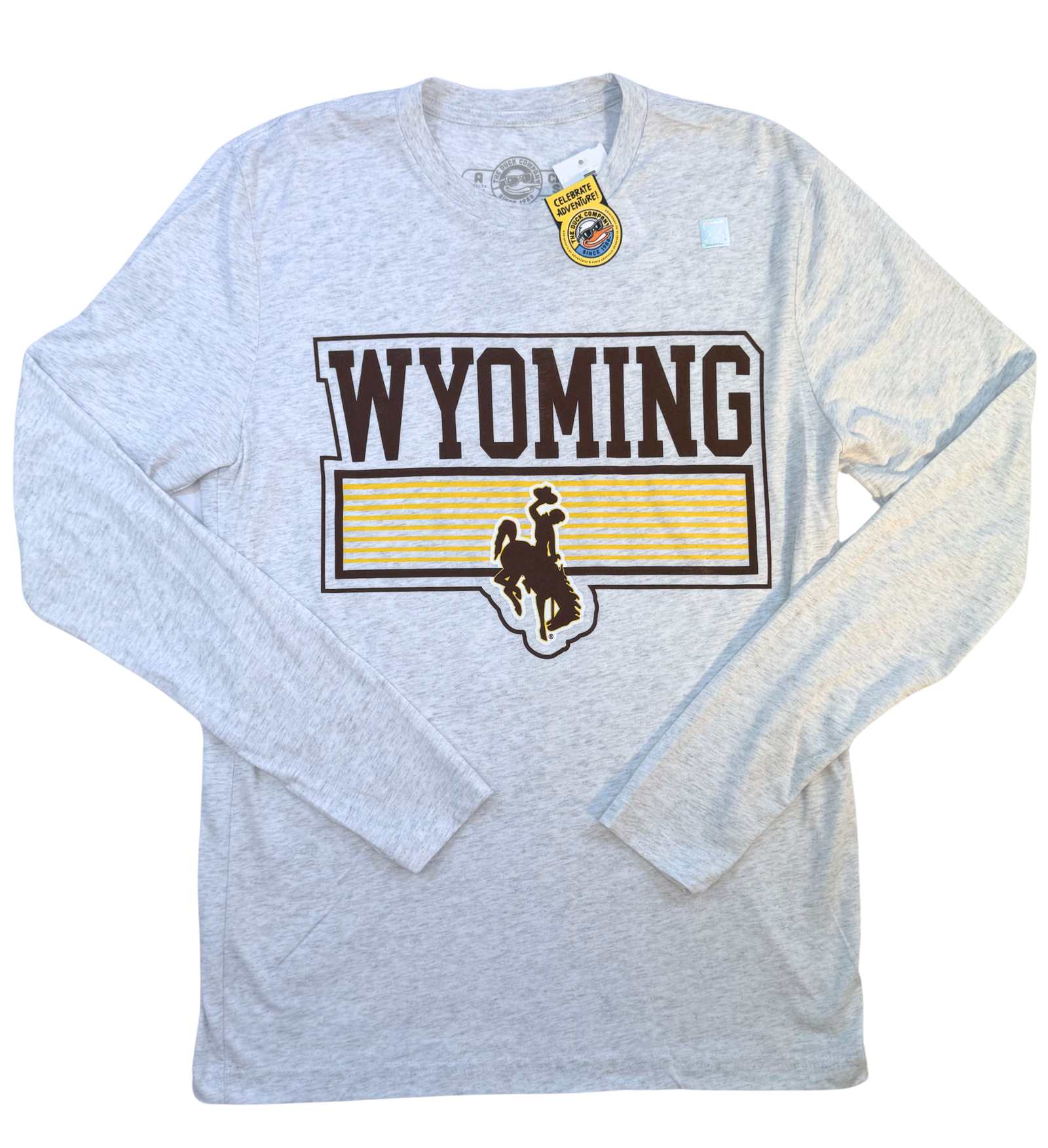 White/Grey long-sleeve shirt with Wyoming graphic and bucking horse logo in brown and gold