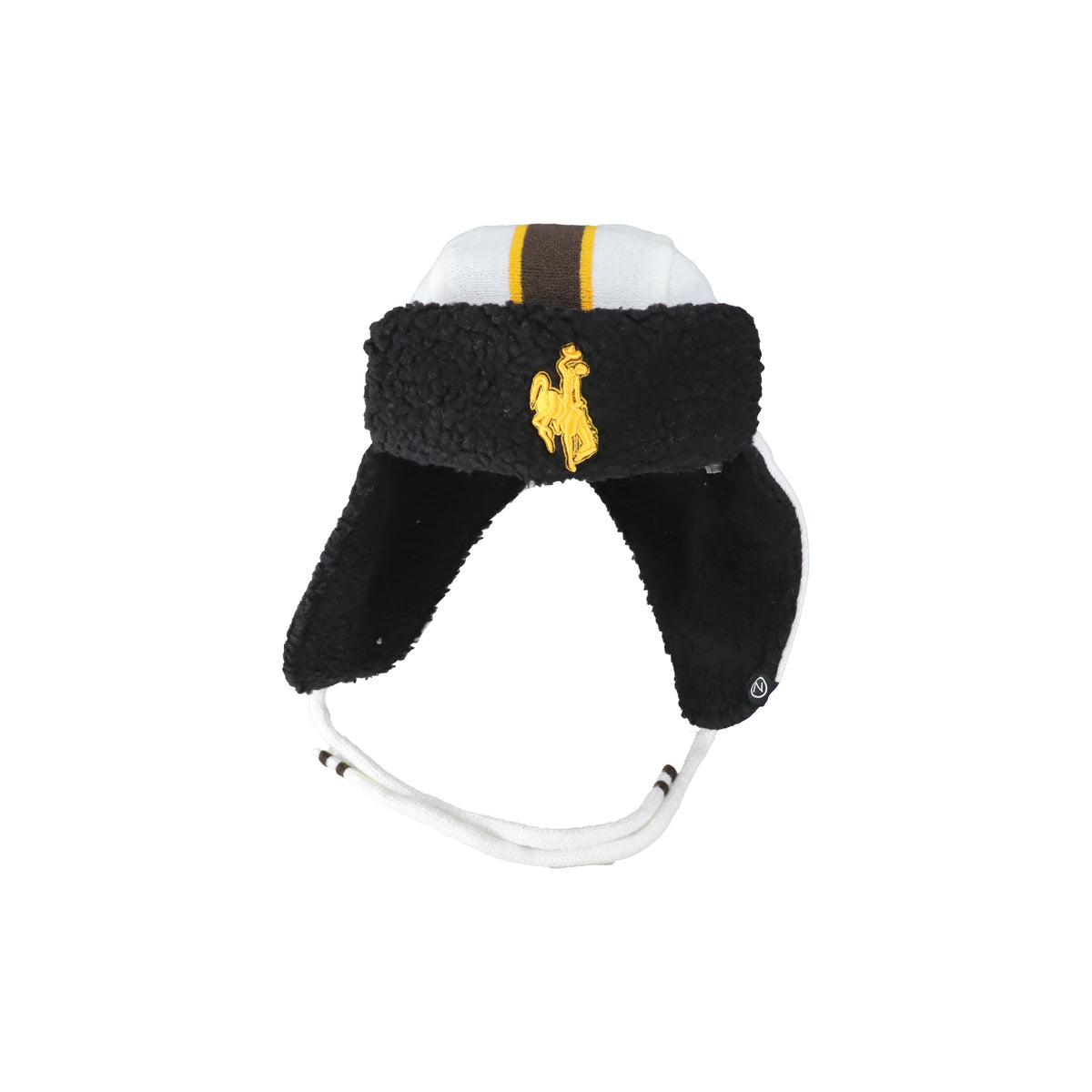 A black sherpa-lined winter cap with ear flaps, featuring a white top panel, a vertical brown stripe, and a gold embroidered bucking horse logo on the front.
