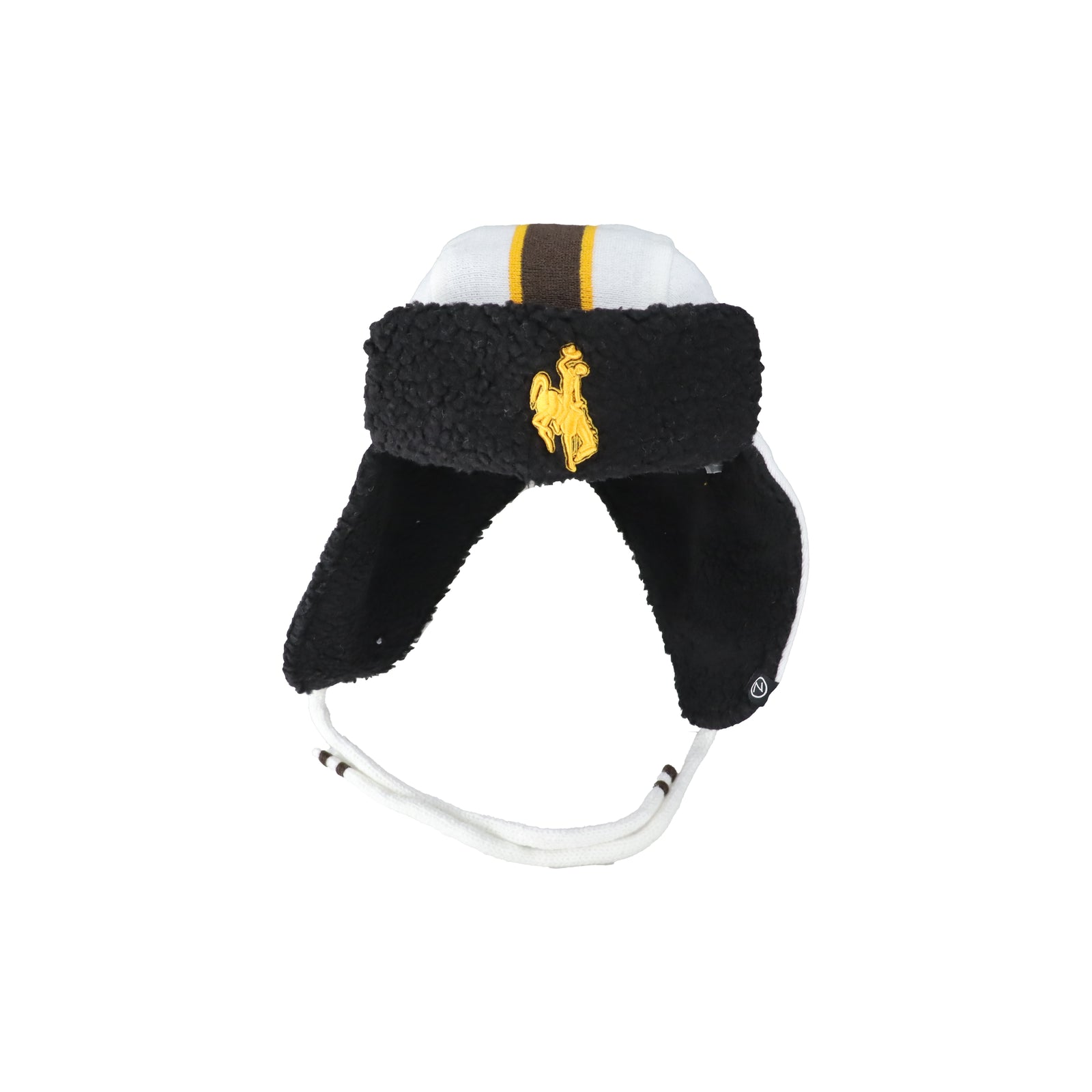 A black sherpa-lined winter cap with ear flaps, featuring a white top panel, a vertical brown stripe, and a gold embroidered bucking horse logo on the front.