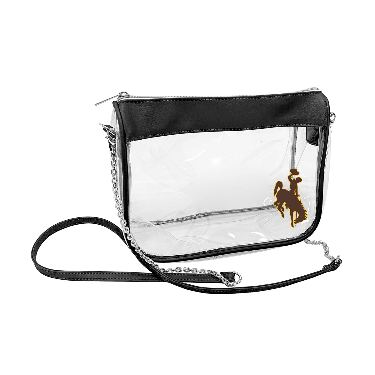 A clear PVC crossbody bag with a black faux-leather top trim, a black adjustable shoulder strap with silver chain links, and a gold bucking horse logo on the front.