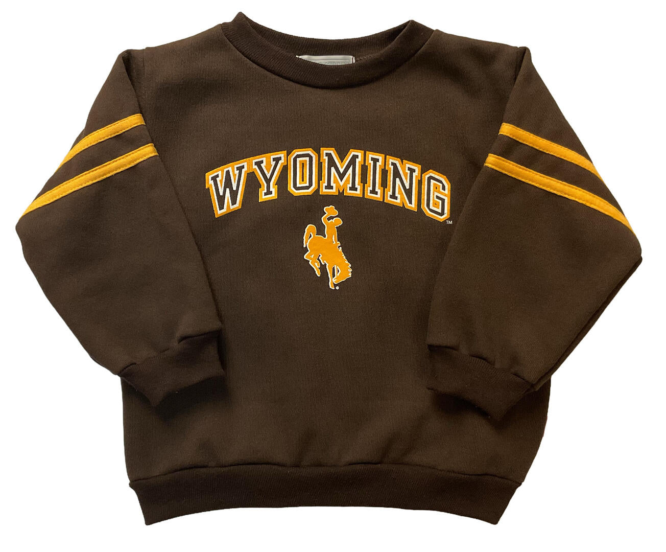 A dark brown crewneck sweatshirt featuring 'WYOMING' in arched varsity letters with a bucking horse logo underneath, accented with yellow stripes on the sleeves.