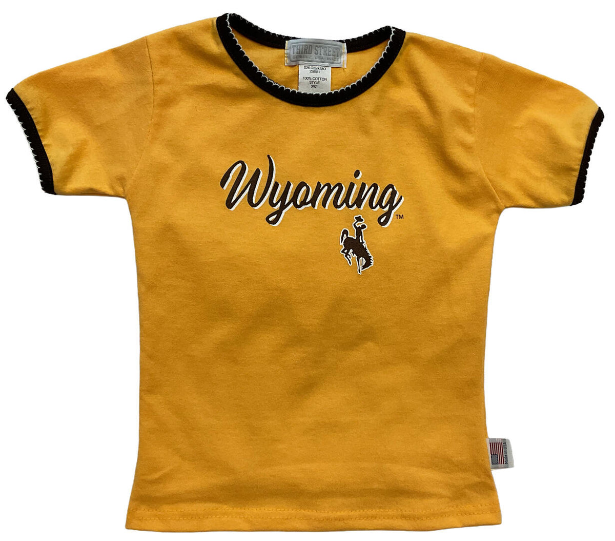 Yellow t-shirt with 'Wyoming' and bucking horse logo in brown and white