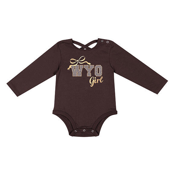 Brown onesie with bow and "wyo girl" on the front. Has snap closure and is pictured on a white background.