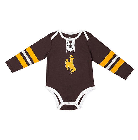 Brown onesie with white outline and bucking horse center chest. Has white and gold pin stripes on sleeves. Pictured on a white background.