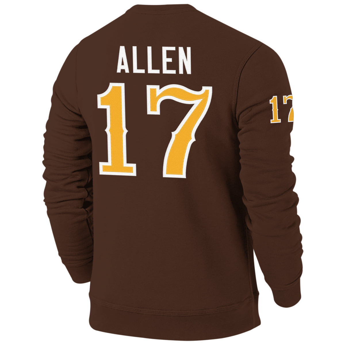 Brown crewneck pictured on a white background from the back. Has Allen lettering with 17 number below. Giving a jersey look.