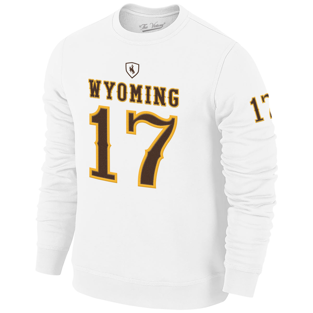 White crewneck with 'Wyoming" lettering and number 17 on the front in brown with gold outline. Has same 17 on left sleeve. Pictured on a white background.