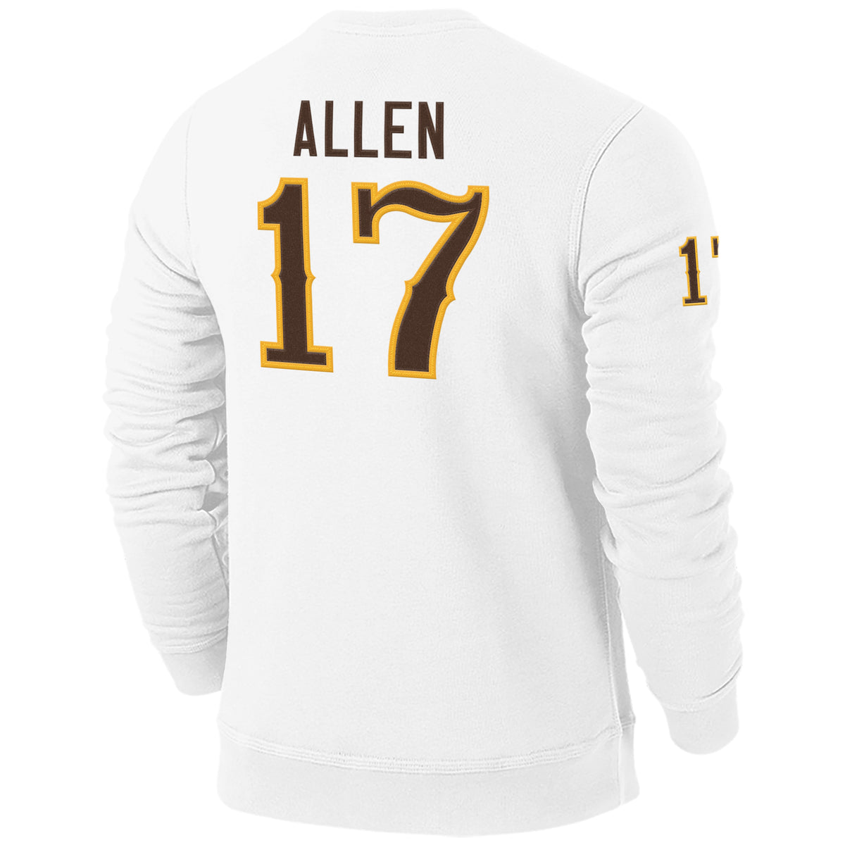 White crewneck shown from the back. Has Allen lettering with number 17 below. Gives a jersey look. Pictured on a white background.