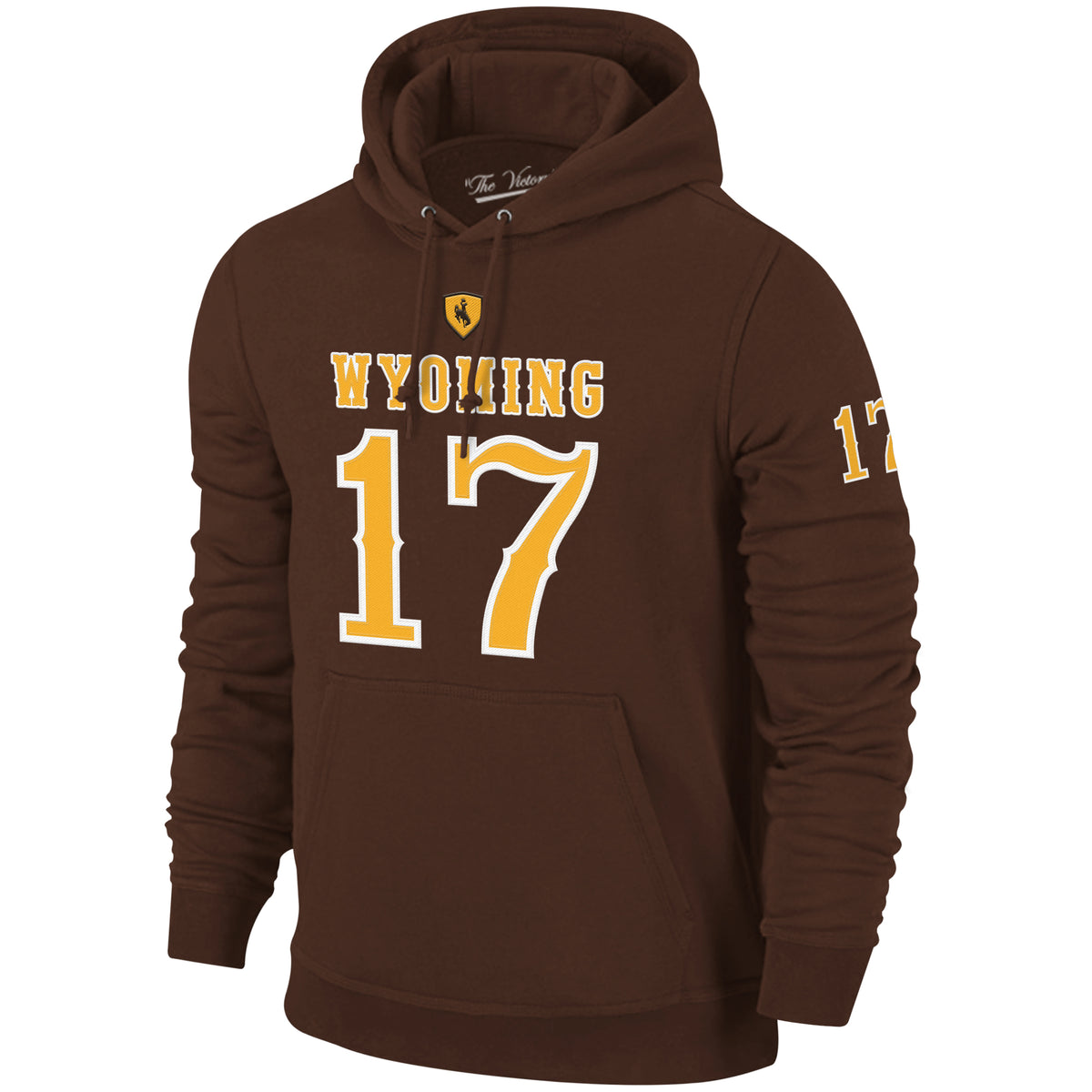 A brown pullover hoodie featuring 'WYOMING' and the number '17' printed on the front in yellow and white, with a small shield logo above the text and '17' on the sleeve.