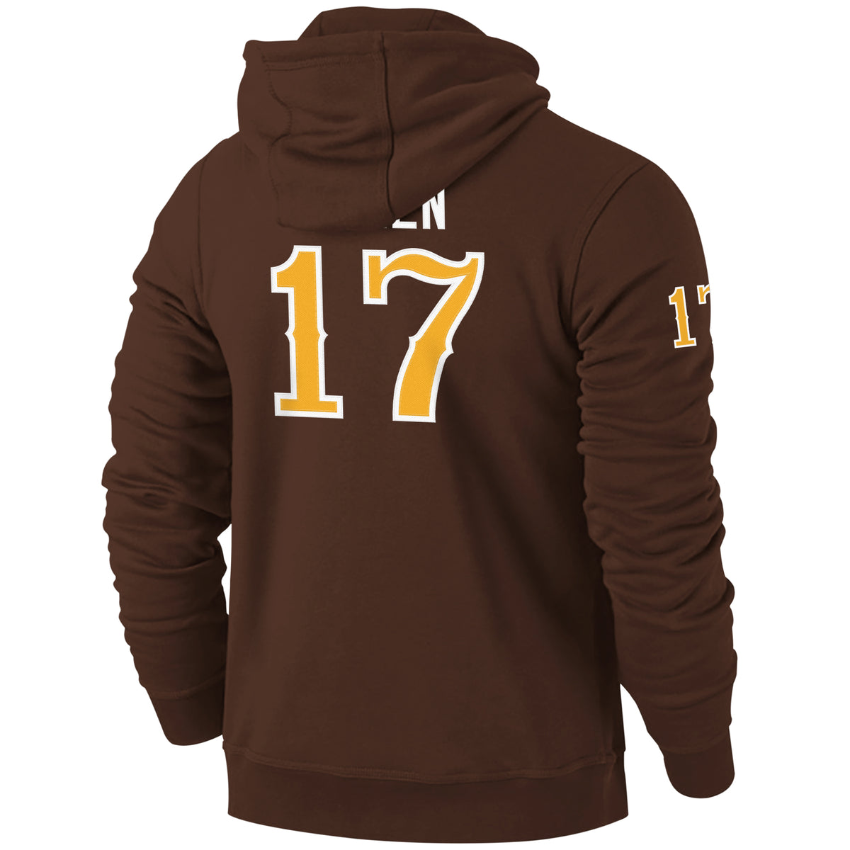 Brown hooded sweatshirt shown from the  back. Shows number 17 and 17 on the sleeve. Hood is covering it in the photo but says "Allen" above number.