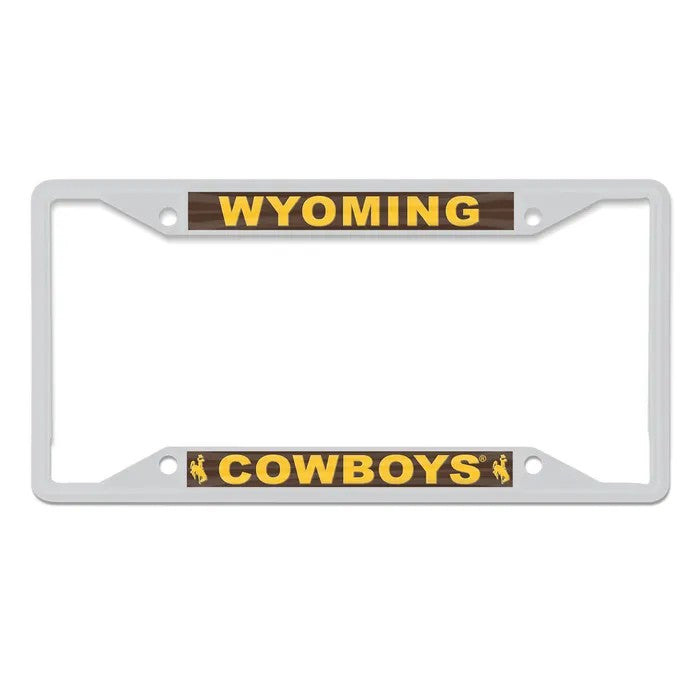license plate frame in white with wyoming in gold on top and cowboys in gold on bottom with bucking horse on each side