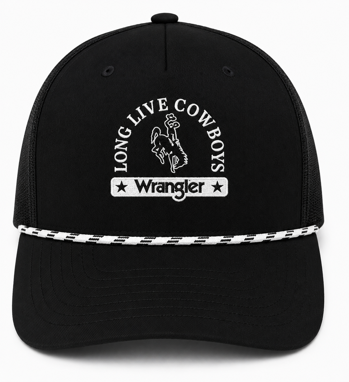 Black adjustable hat with white rope on brim. Says "long live cowboys" with bucking horse below and "wrangler" below that. Pictured on a white background.