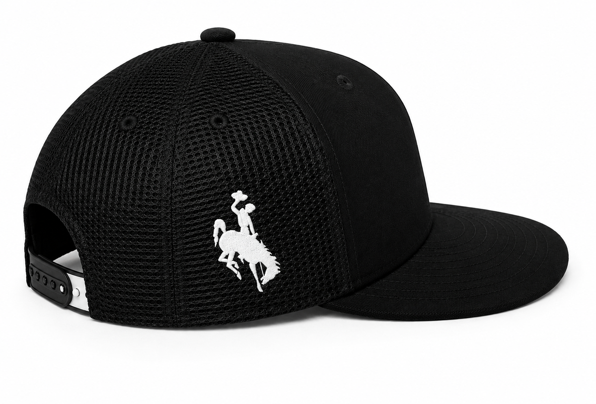Black adjustable hat pictured on a white background with white bucking horse on the side.