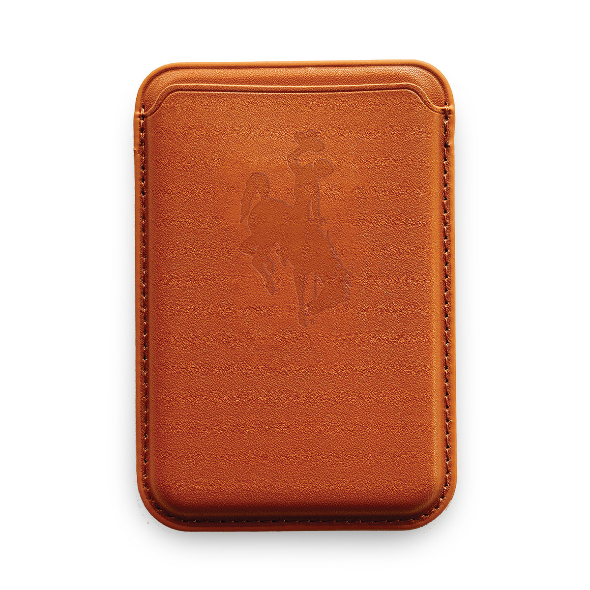 Brown leather cardholder with embossed bucking horse design and a pocket for 3 cards